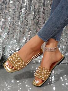 Fashionable Luxury Women Flat Slide Sandals With Pearl And Rhinestone Decoration, Square Toe Slip-On Flat Shoes, Comfortable Footwear In Multiple Colors, Suitable For Stylish Outfits