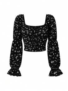 女式法式复古方领灯笼袖修身衬衫 - 黑色 - 查看 2