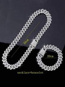 1pc 15mm Shiny Thick Chain Design, Rhinestone Inlaid Hip Hop Bracelet + Necklace Set, Suitable For Daily Wear And Party Decoration - Hip Hop Necklace Set - View 2