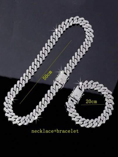 1pc 15mm Shiny Thick Chain Design, Rhinestone Inlaid Hip Hop Bracelet + Necklace Set, Suitable For Daily Wear And Party Decoration