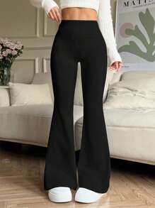 Pantalones acampanados elásticos de cintura alta de unicolor, pantalones de yoga deportivos, leggings de compresión, pantalones para correr y fitness, pantalones deportivos transpirables y de secado rápido para primavera y verano, leggings de mujer, ropa de mujer
