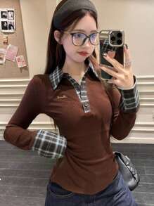 女士二合一格子拼接 Polo 领长袖拉绒修身打底衬衫
