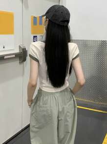 女士方领拼色修身休闲短袖 T 恤上衣，夏季 - 杏色 - 查看 7
