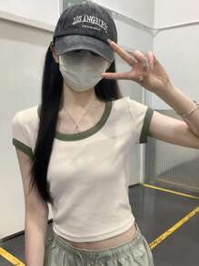 女士方领拼色修身休闲短袖 T 恤上衣，夏季 - 杏色 - 查看 8
