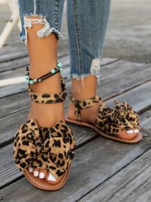 Women's Cute Bow Flat Sandals, Leopard Print Elegant Open Toe Sandals, Casual Outdoor Beach Slippers