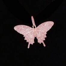 Fashion Crystal Pink Butterfly Pendant & Punk Spiked Cuban Link Chain Necklace Set, Unisex Party / Gift Decorative Box Included