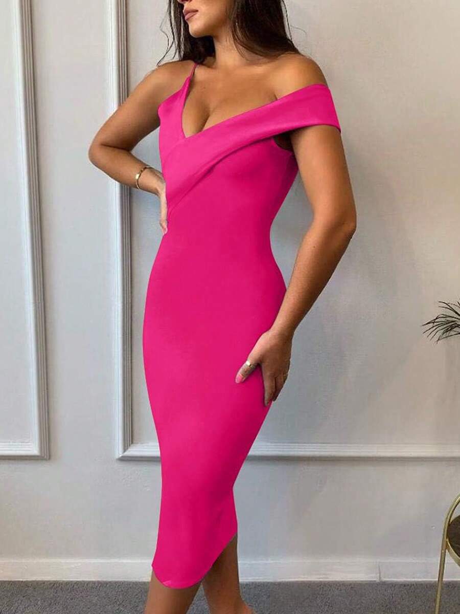 Abito midi aderente da donna elegante con un spalla scoperta, vestito fasciante sexy e alla moda, vestito cocktail fucsia per uscite serali e feste, abbigliamento estivo - Fucsia - Visualizzare 1