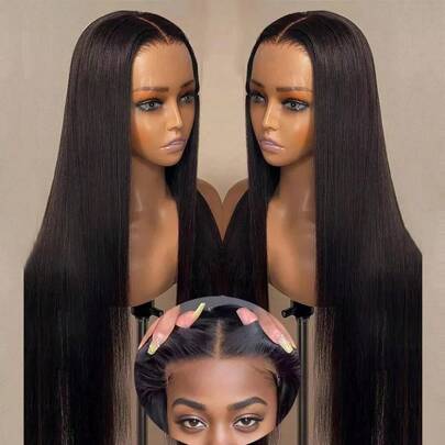 40inch 200% Density Bone Straight 13x4 Lace Front Wig Human Hair Fiber Mix Ready To Wear Human Hair Pre Plucked Pre Cut No Glue Glueless Wigs For Women (Bob Wig 8inch)