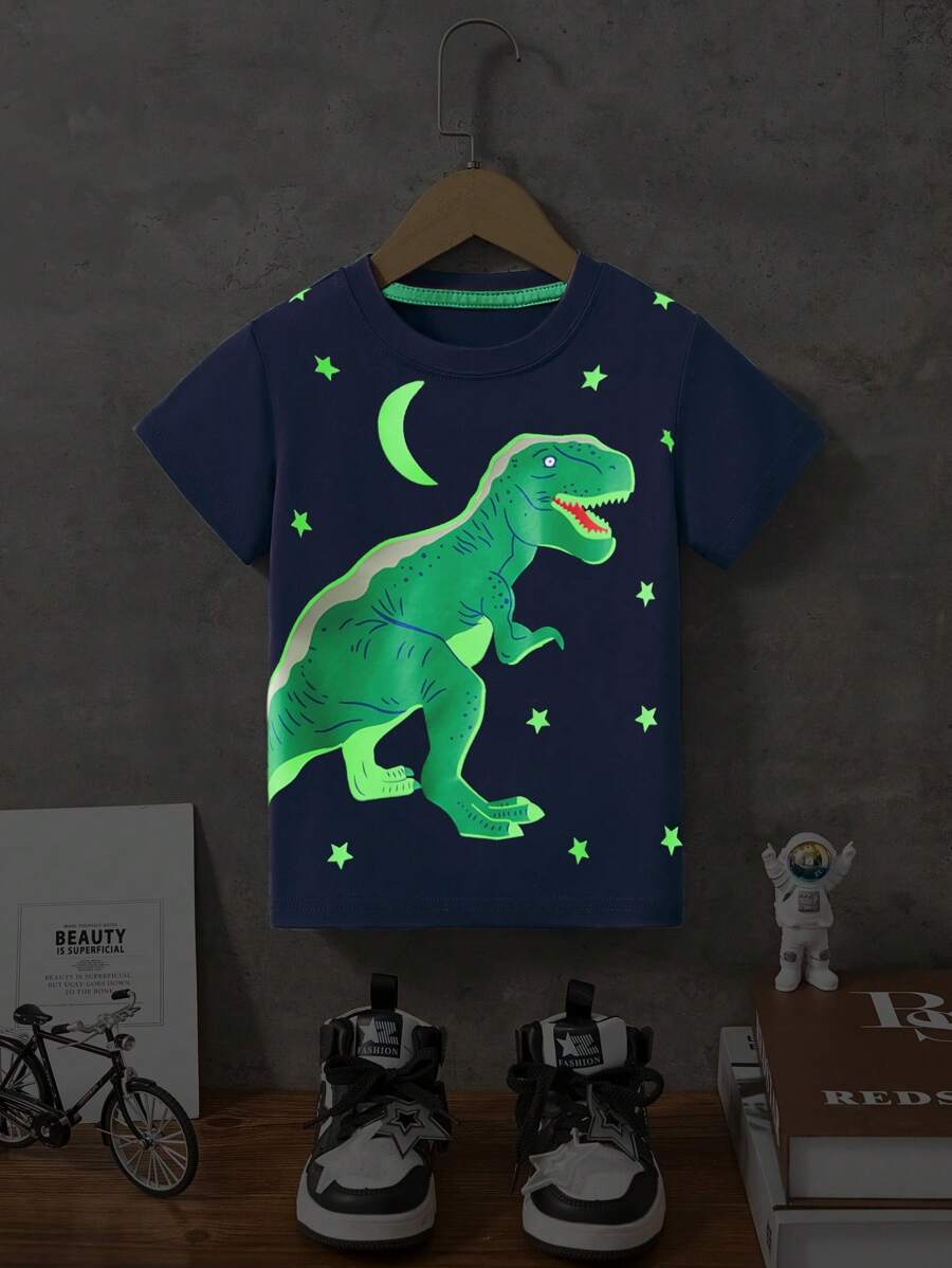 男童休閒短袖T恤，卡通恐龍夜光印花，夏季時尚 - 藏蓝色 - 查看 1