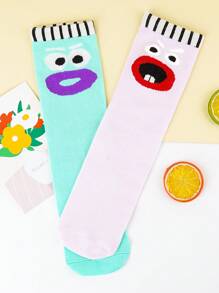 1 Pair Fun Cartoon Pattern Socks With Elastic Cuff, Made Of Polyester And Spandex, Knee-High Length, Knitted Fabric, Suitable For Boys And Girls, Funny Design, Hand Wash, Suitable For Year-Round Wear, Perfect For Home, School, Party, Outdoor, And Holiday Gift