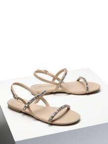 Women Flat Sandals Rhinestone Sparkling Design Summer Open Toe Adjustable Ankle Strap Sandals Fashion Comfortable Vacation Dress Casual Shoes - 杏色 - 查看 5