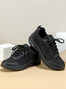 青少年黑色轻便透气休闲运动鞋，网眼柔韧防滑运动鞋，时尚健身休闲运动鞋 - 黑色 - 查看 4