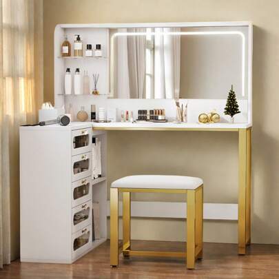 Rosahqnda Coiffeuse en L, avec 5 tiroirs et étagère ouverte réglable à 2 niveaux, 3 modes de miroir, table de maquillage moderne pour chambre à coucher, salle de maquillage, bureau d'écriture