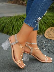 Women's Gold Studded Open Toe Low-Top/Strappy Design Clear Crystal Bottom Sandals, Elegant Minimalist Style Suitable For Daily Wear, Evening Party, Spring & Summer High Heels