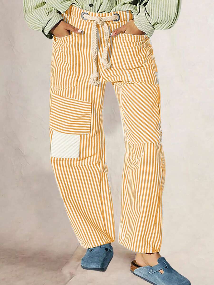 Women Striped Pants Elastic Waist Drawstring Patchwork Wide Leg Pants Loose Trousers With Pockets - Yellow - View 1