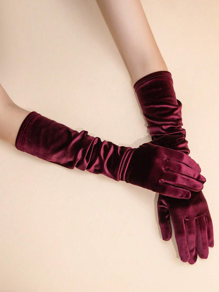 Solid Long Gloves - Burgundy - View 1