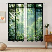 2 件装精美中式窗户印花窗帘，适用于家居装饰 - 适用于卧室、办公室、厨房、客厅和书房的带杆口袋窗户装饰 - 綠色 - 查看 3