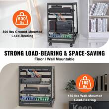 V9U-20U Open Frame Server Cabinet, Wall-Mountable With 2 Cooling Shelves & 4 360° Casters, Depth Adjustable 23''-40''  Adjustable Depth For Networking AV Gear & Mounting Hardware Audio,Black - 15U, 23''-40'' Black Casters - View 3