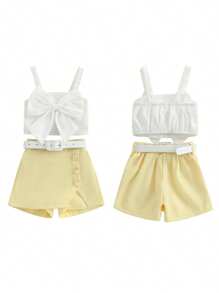 Toddler Girls Bow Embellished Tank Top  Skort Set - Cute Summer 2 - Piece Outfit With Belt For Kids - Yellow - View 4