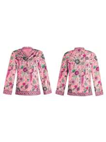 Women Casual Blouse, Long Sleeve Floral Printed Loose V-Neck Tops, Loose Wild Fashion Spring/Fall Top Shirt - 紅色 - 查看 2