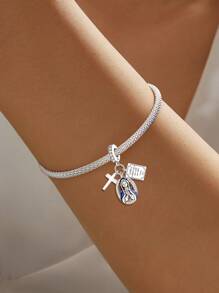 1颗925纯银玛丽十字架吊坠珠，适合女士手链、手镯DIY饰品制作及日常搭配，适合女孩佩戴