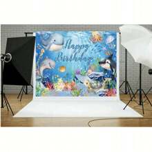 1pc Cartoon Sea Animals Birthday Theme Dolphins Turtles And Other Sea Creatures Design Background Cloth Birthday Party Cake Table Decoration Banner Portrait Photography Background Vinyl