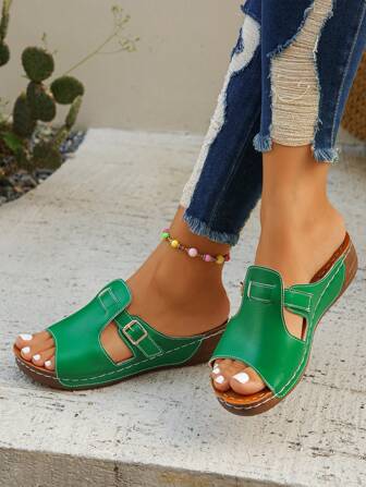 Plus Size EU36-45 Women's Casual Green Slip-On Sandals, New Summer Thick Sole Wedge Heel Non-Slip Comfortable Beach Holiday Casual Sandals