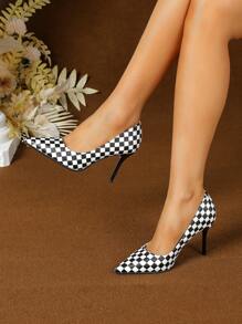Black Checkered Pointed Toe Low Vamp Stiletto Heels, 2025 New Arrival Women's Shoes, Charming, Sexy, Fashionable & Versatile