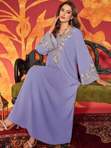 Đầm dài thêu hạt cườm phong cách Ả Rập thanh lịch dành cho nữ có cổ hình trái tim - Màu tím - Xem 3