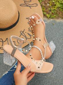 Women's Gold Studded Open Toe Low-Top/Strappy Design Clear Crystal Bottom Sandals, Elegant Minimalist Style Suitable For Daily Wear, Evening Party, Spring & Summer High Heels