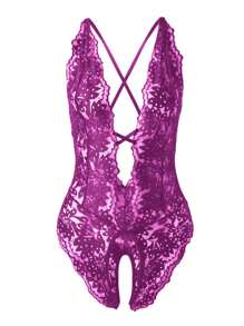 Crotchless Lace Halter Backless Teddy Lingerie With Criss Cross Straps, Rave - Purple - View 3