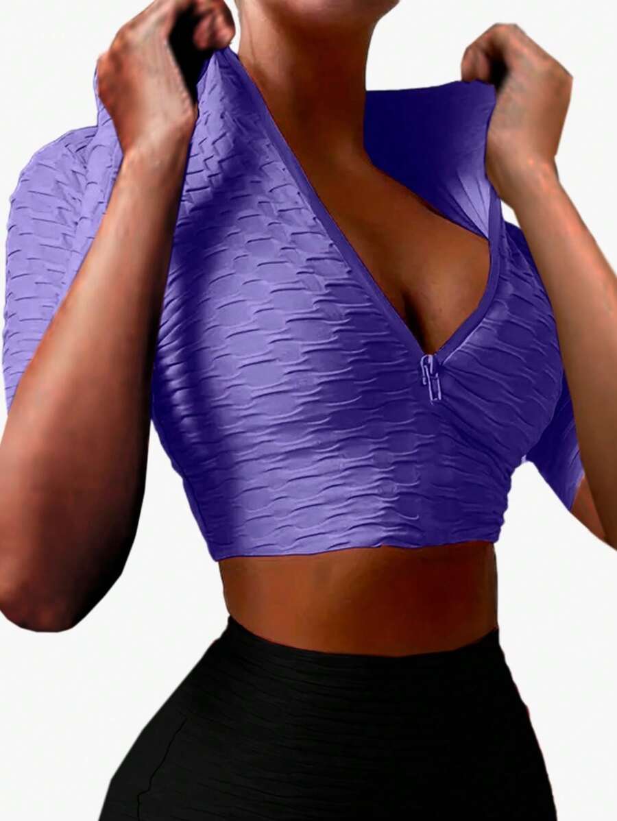 Crop Top Deportivo Licra Texturizada Con Cremallera - Morado - Ver 1