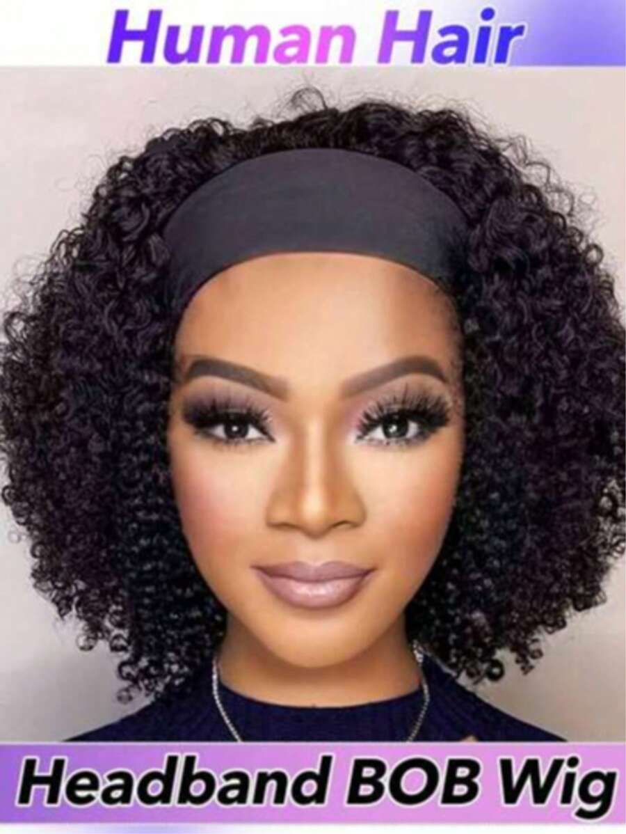Headband Wig Human Hair Glueless Kinky Curly Wig Kinky Curly Headband Wig Human Hair None Lace Front 200% Density Brazilian Virgin Human Hair Headband Wigs For Women Natural Color Ice Silk Headband Wig For Summer Headband Wigs Human Hair - Natural Black - 查看 1