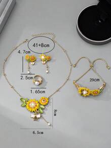 1 Set Luxe Elegante Bloemen Strass & Kunstparel Zonnebloem Ketting, Oorbellen, Armband, Ring Sieradenset Voor Vrouwen, Geschikt Voor Vakanties, Verjaardagen, Dates, Ballen, Bruiloften, Feesten, Vakanties, Dagelijks Gebruik