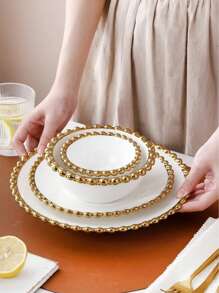 1 pieza Tazón de ensalada/Plato de bistec de cerámica de lujo con perla dorada, adecuado para restaurantes