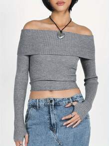 Womens Off-Shoulder Cropped Tops Solid Color Ribbed Boat Neck Long Sleeve Show Navel Knitwear - Grey - View 2