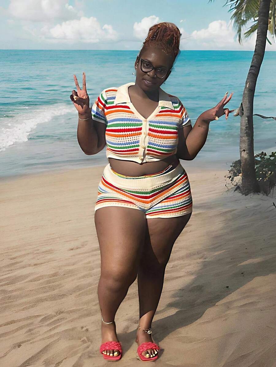Plus Size Knitted Contrast Striped Hollow Out Sweater Set: Short Sleeve Top And Shorts, 2 Pieces Outfit, Spring/Summer - Multicolor - View 1
