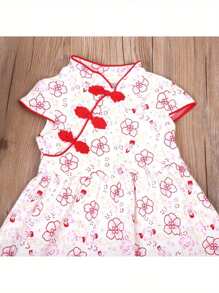 Girls Kids Chinese Qipao Dress Summer Short Sleeve Floral Print Pleated Tutu Dress Classical Dress Outfit Set Cloths - Đỏ - Xem 5