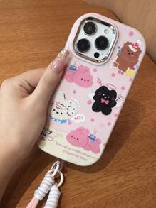 Cute Pink Polka Dot Rabbit & Bear Cake Design Phone Case, Adorable & Youthful Style, Compatible With IPhone 16/15/15 Pro/15 Pro Max/14/13/12/11/Xs MAX Series - Pink Polka Dot Rabbit Bear With Pink Lanyard - View 7