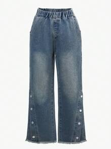 Tween Girl Casual Fashion Dyed Split-Leg Wide Leg Jeans, Suitable For All Seasons - Dark Wash - View 3