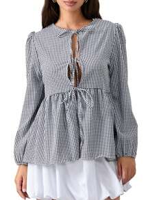 Womens Tie Front Tops Long Sleeve Round Neck Hollow Out Loose Babydoll Shirts Spring Fall Blouses - Black - View 2