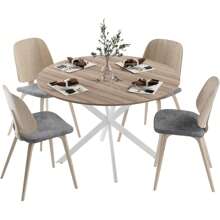 Round Table For Kitchen And Dining Room, Wooden Piece In Retro Industrial Design, White Metal Legs, Natural Walnut Finish (Chair Not Included)