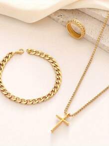 3pcs/Set Men's Hiphop Stainless Steel Chain Swivel Clasp, Pressure Resistant Ring, Bracelet, Cross Necklace - Arrow Three Piece Set - View 3