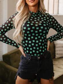 女士圣帕特里克节三叶草印花长袖网眼紧身衣