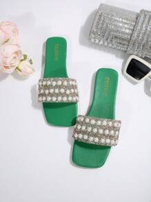 New Plus Size Women Square Toe Pearl Leather Flat Slippers Sandals, Casual Fashion Outdoor Beach Wear Summer Shoes