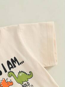 Summer Outfits Dinosaur Letter Print Round Neck Short Sleeve Tops With Solid Shorts Outfit - Beige - View 8