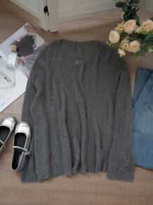 Suéter de manga larga con abertura y hombros caídos, adecuado para volver a la escuela, primavera/verano - Gris - Ver 10