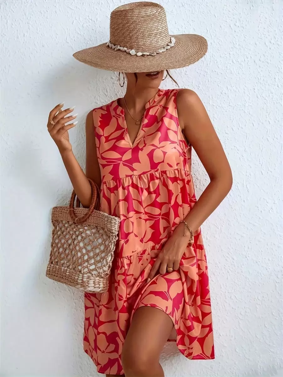 Women Loose Fit V-Neck Sleeveless Straight A-Line Plant Print Dress - Red - View 1