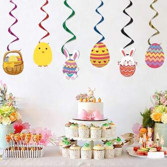 6pcs Easter Hanging Decor Rabbit And Easter Eggs For Party, Random 6 Colors Spiral Ceiling Decorations