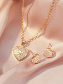 3pcs/Set (With Gift Box) Fashionable Luxurious Zirconia Inlaid Butterfly & Heart Copper Pendant Earrings, Stainless Steel 18K Gold Plated Necklace, Lovely Jewelry Set Suitable For Party & Daily Wear, Birthday Gift For Girlfriend/Mom